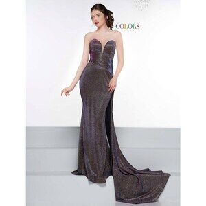 Colors Dress Glitter Stretch Gown with Train 2076 Fuchsia/Multi